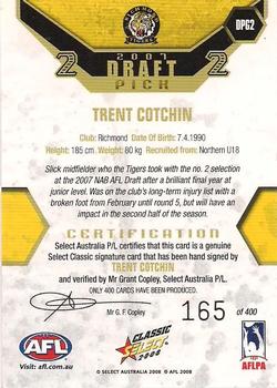 2008 Select AFL Classic - Draft Pick Signatures Gold #DPG2 Trent Cotchin Back